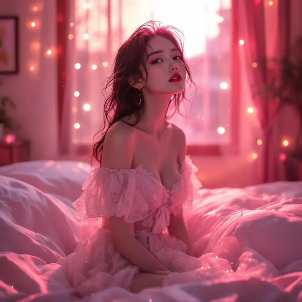 A dreamy fantastic asia girl, front shot,Don't chin up,under soft moonlight,pastel colors,sparkles in the air,bold seductive dress, cozy bedroom vibe, Ultra Realistic,emotional and relaxing atmosphere stable diffusion, 4K
