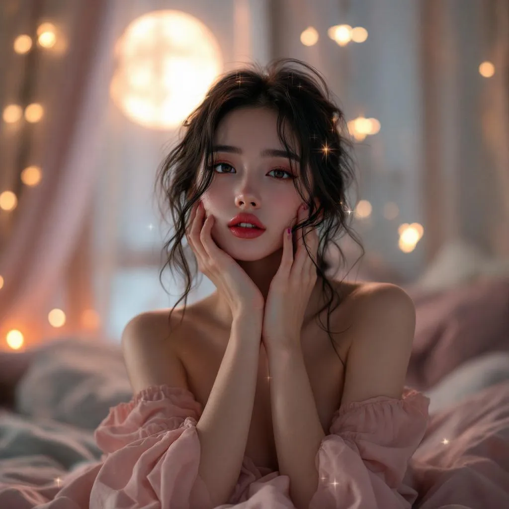 A dreamy fantastic asia girl, front shot,Don't chin up,under soft moonlight,pastel colors,sparkles in the air,bold seductive dress, cozy bedroom vibe, Ultra Realistic,emotional and relaxing atmosphere stable diffusion, 4K