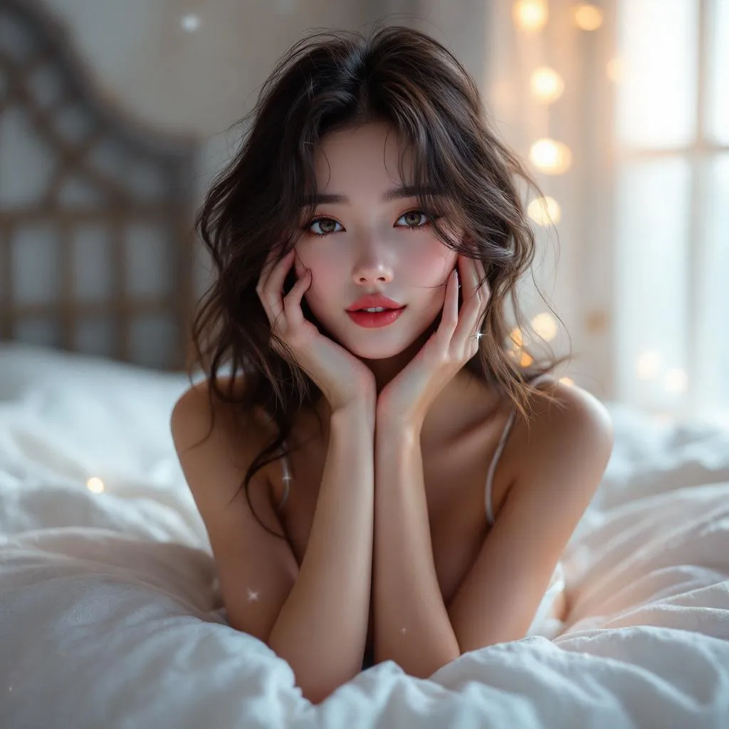 A dreamy fantastic asia girl, front shot,Don't chin up,under soft moonlight,pastel colors,sparkles in the air,bold seductive dress, cozy bedroom vibe, Ultra Realistic,emotional and relaxing atmosphere stable diffusion, 4K