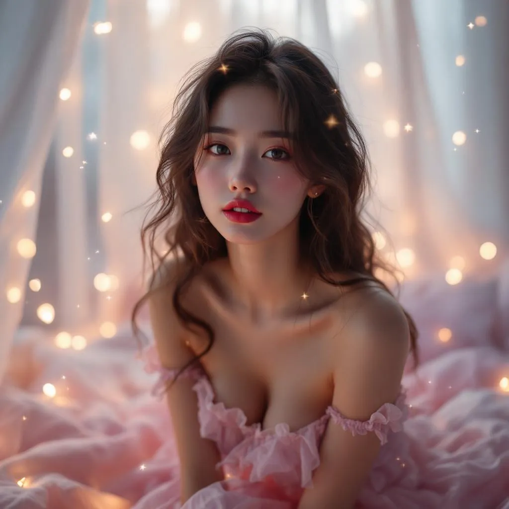 A dreamy fantastic asia girl under soft moonlight, pastel colors, sparkles in the air,seductive  dress, cozy bedroom vibe, Front shot, Ultra Realistic, emotional and relaxing atmosphere stable diffusion, 4K