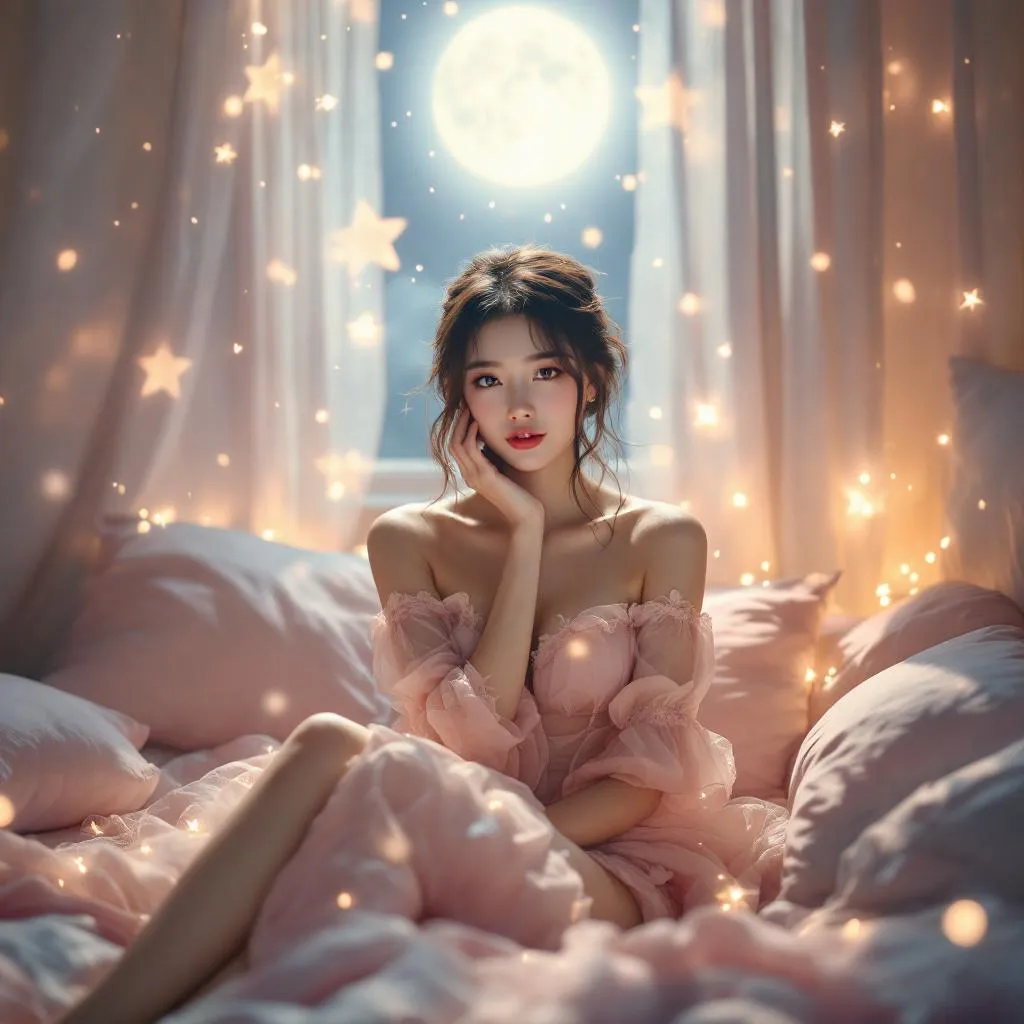A dreamy fantastic asia girl under soft moonlight, pastel colors, sparkles in the air,seductive  dress, cozy bedroom vibe, Front shot, Ultra Realistic, emotional and relaxing atmosphere stable diffusion, 4K