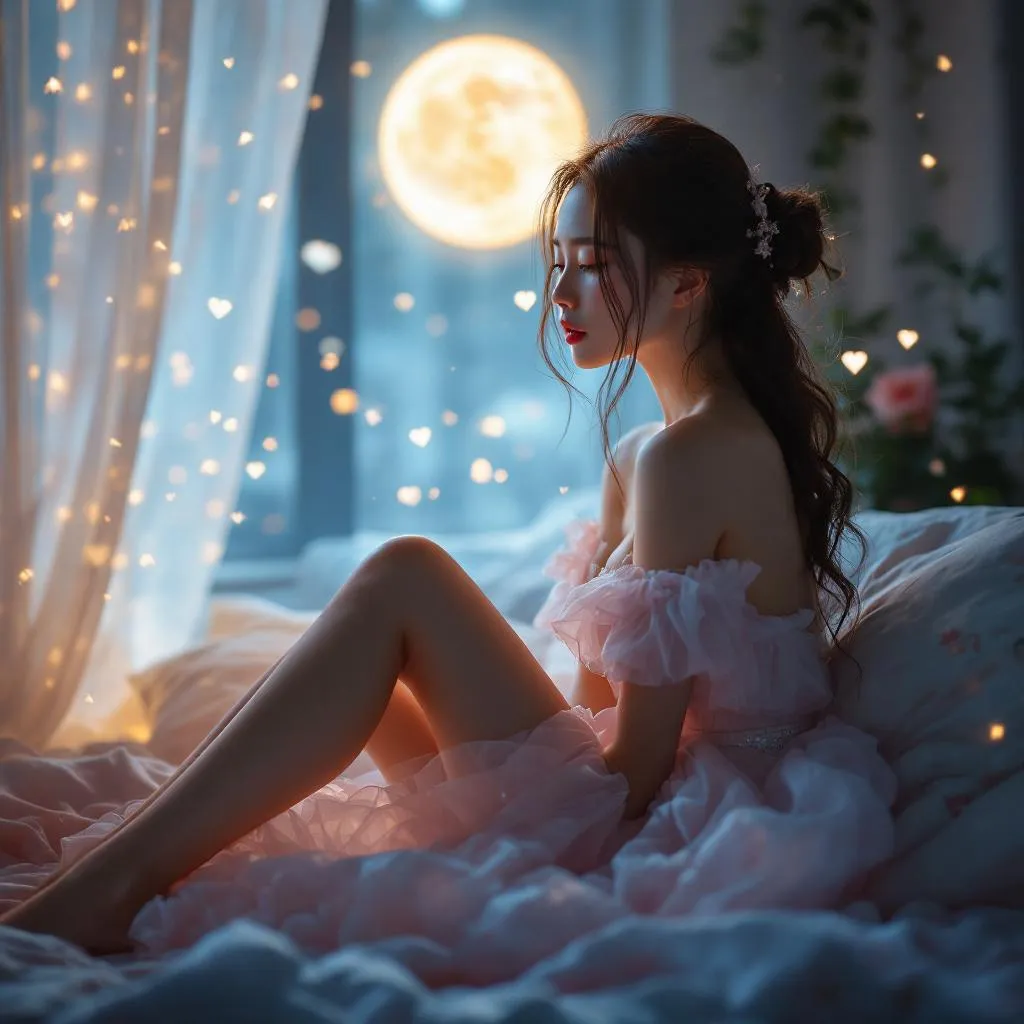 A dreamy fantastic asia girl under soft moonlight, pastel colors, sparkles in the air,seductive  dress, cozy bedroom vibe, Front shot, Ultra Realistic, emotional and relaxing atmosphere stable diffusion, 4K