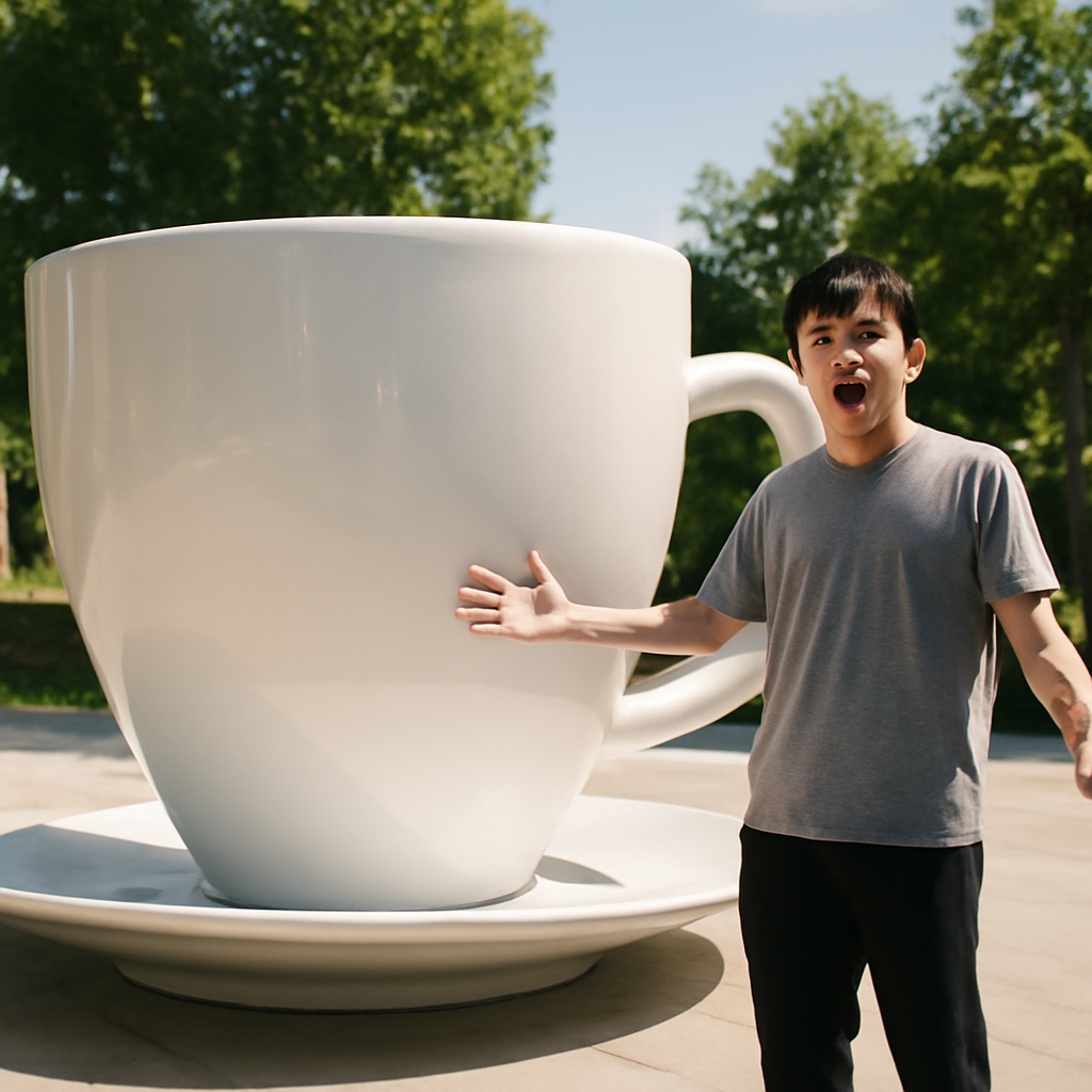 "A scene featuring the world’s largest cup, towering over a 20-something Korean man standing beside it with a shocked expression. The cup is made of glass or ceramic, gleaming in the sunlight. The man, dressed casually, spreads his arms in awe at the enor