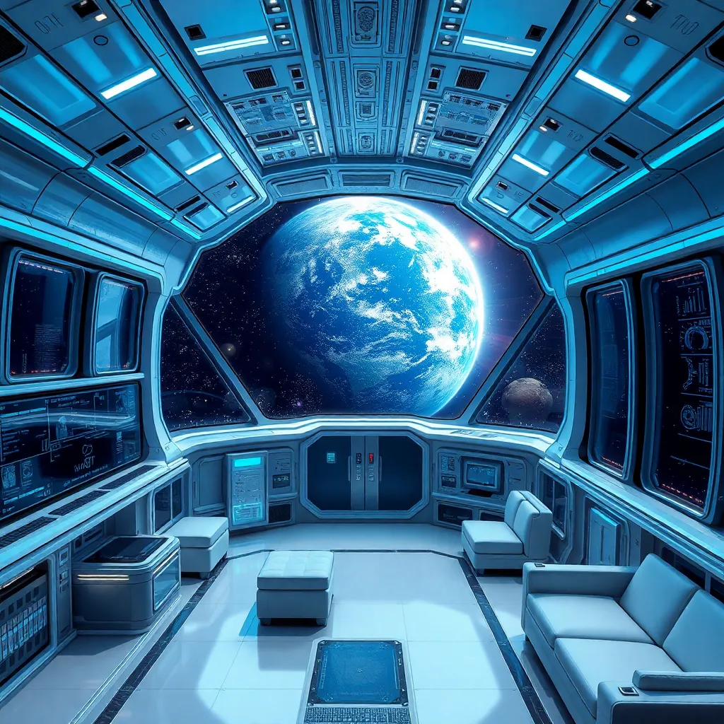 A futuristic space station interior with sleek metallic and glass architecture, advanced technology panels, and comfortable living spaces, featuring large panoramic windows through which Earth is vividly visible in the background of space, with stars and 