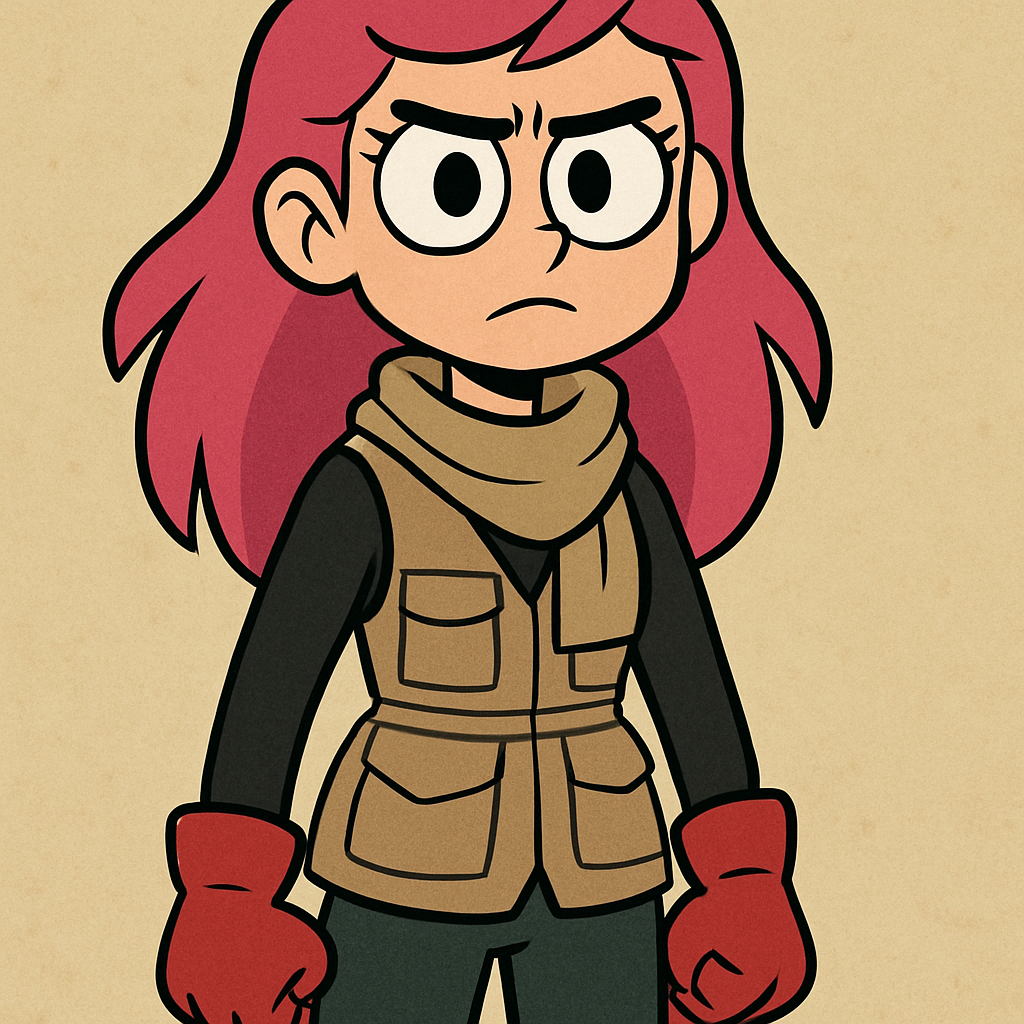 A tall, light-skinned cartoonish girl about 18 years old with bright pink hair and large pie-eyed eyes, smiling confidently but with a serious and mature expression. She is wearing a light-weight scarf, light-weight fishing gear, thick red gloves, tight l