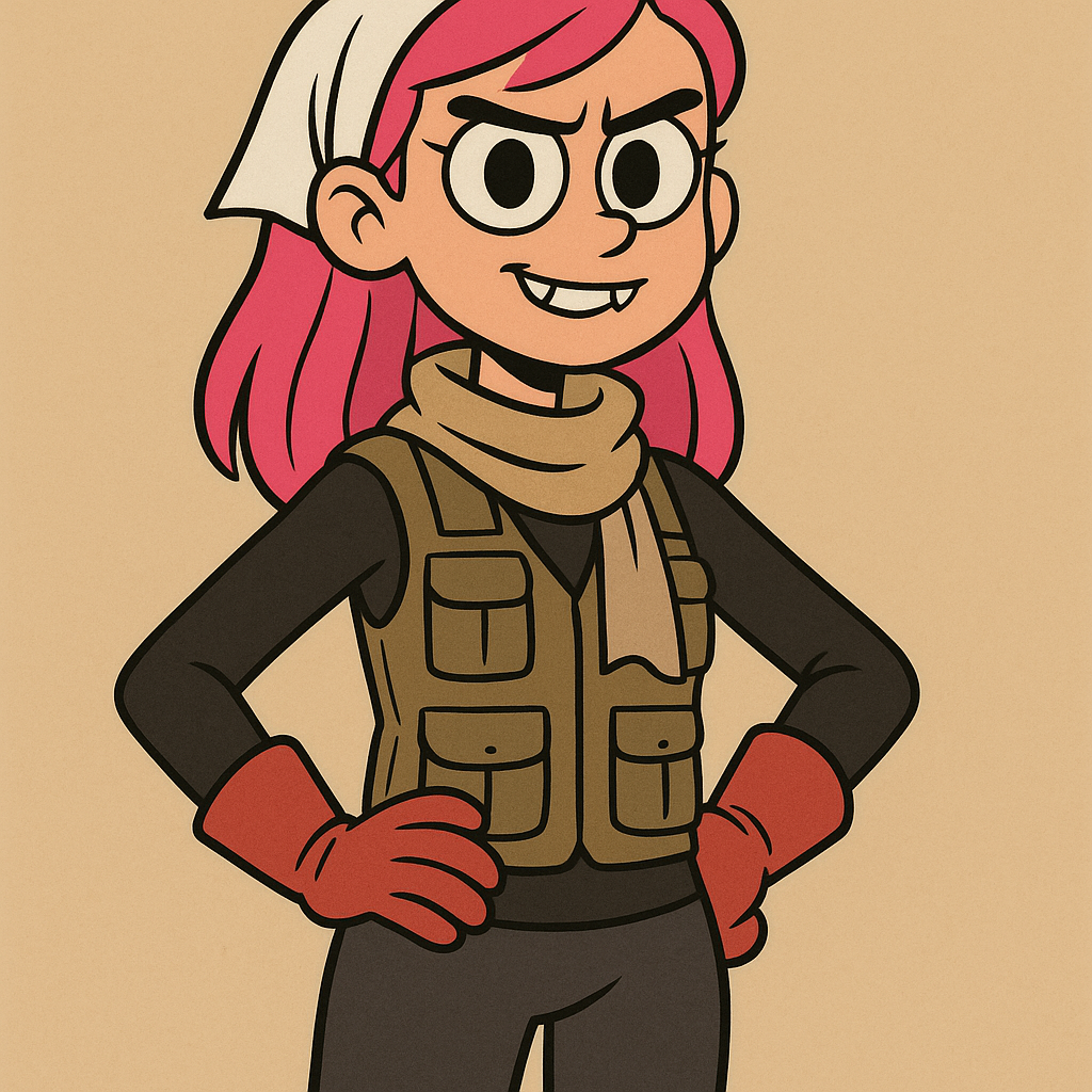 A tall, light-skinned cartoonish girl about 18 years old with bright pink hair and large pie-eyed eyes, smiling confidently but with a serious and mature expression. She is wearing a light-weight scarf, light-weight fishing gear, thick red gloves, tight l