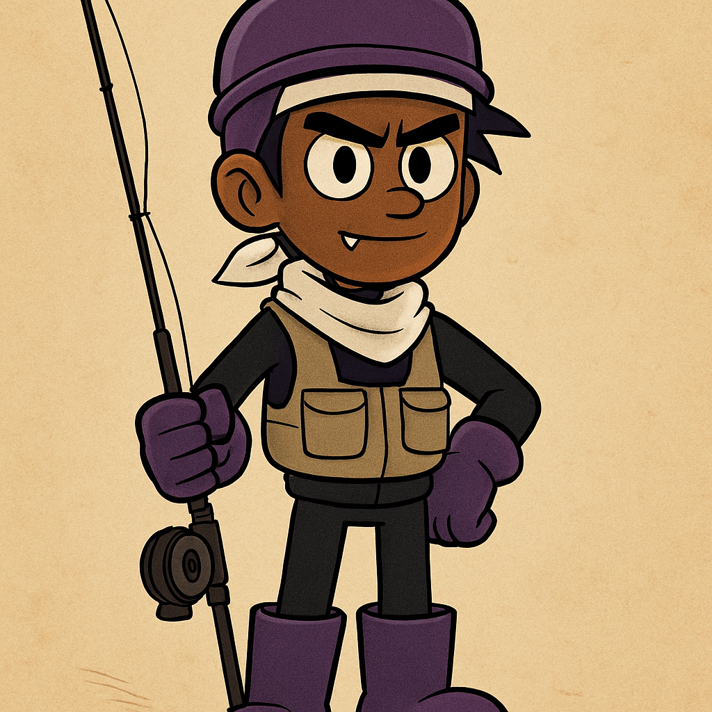 A tall, dark-skinned cartoonish voy about 18 years old with dark purple spiky hair and large pie-eyed eyes, smiling confidently but with a serious and mature expression. He is wearing a light-weight scarf, light-weight fishing gear, thick purple gloves, t