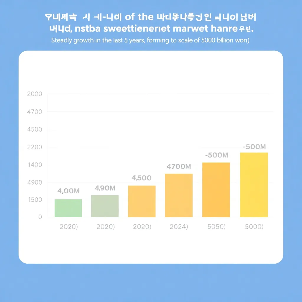 국내 감미료 시장 추이 막대그래프, x축은 연도 2020부터 2024까지, y축은 시장 규모(억원), 데이터는 4200, 4500, 4700, 4900, 5000, 그래프 상단에 '최근 5년간 꾸준히 성장, 5,000억 원 규모 형성' 문구 포함, 그래프 스타일은 깔끔하고 전문적인 한글 그래프