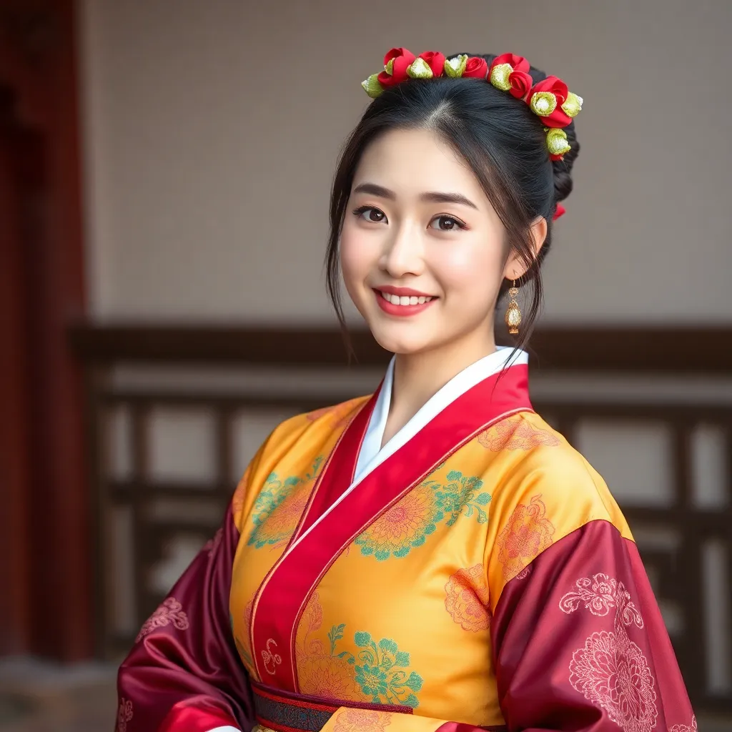 한복을 입은 20대 한국 여성, 아름답고 우아한 모습, 전통 한복의 화려한 색감과 섬세한 디테일, 자연스러운 표정과 포즈, 사진처럼 사실적인 스타일