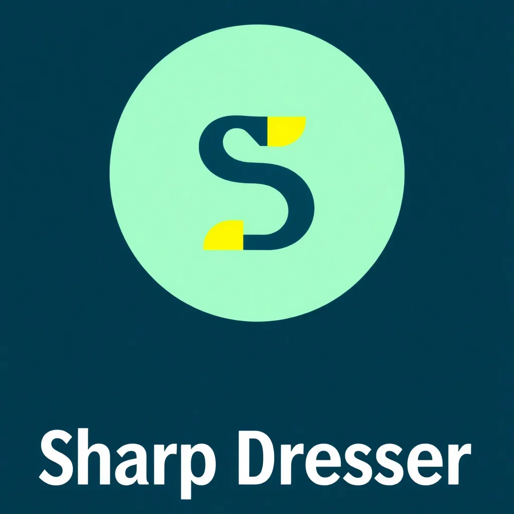 모던하고 깔끔한 스타일의 Sharp Dresser 회사 로고, S와 D를 결합한 심볼에 넥타이나 셔츠 칼라를 연상시키는 미니멀한 아이콘 포함, 밝고 경쾌한 민트 그린, 라이트 블루, 옐로우 색상 조합, 심플하고 가독성 높은 산세리프체 텍스트 포함
