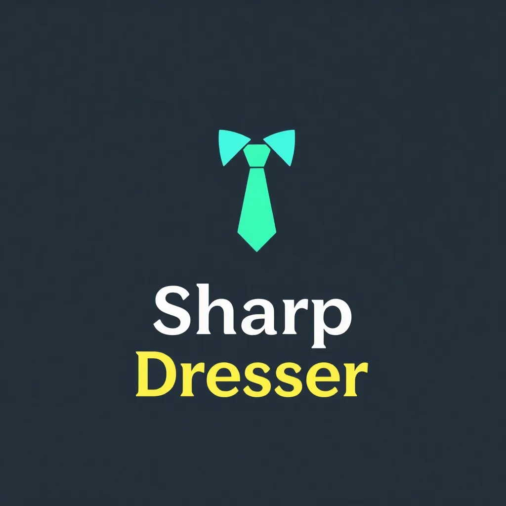 모던하고 깔끔한 스타일의 'Sharp Dresser' 회사 로고, 심볼은 넥타이나 셔츠 칼라를 연상시키는 미니멀한 아이콘, 밝고 경쾌한 민트 그린, 라이트 블루, 옐로우 색상 사용, 텍스트는 심플하고 가독성 높은 산세리프체