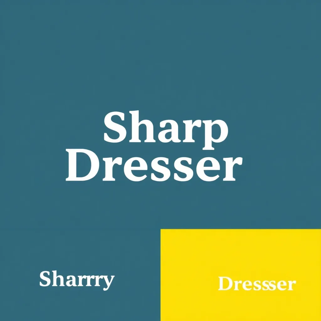 Sharp Dresser 회사 로고, 심볼은 넥타이나 셔츠 칼라를 연상시키는 미니멀한 아이콘, 밝고 경쾌한 민트 그린, 라이트 블루, 옐로우 색상 사용, 텍스트는 깔끔하고 가독성 높은 산세리프체, 모던하고 깔끔한 스타일