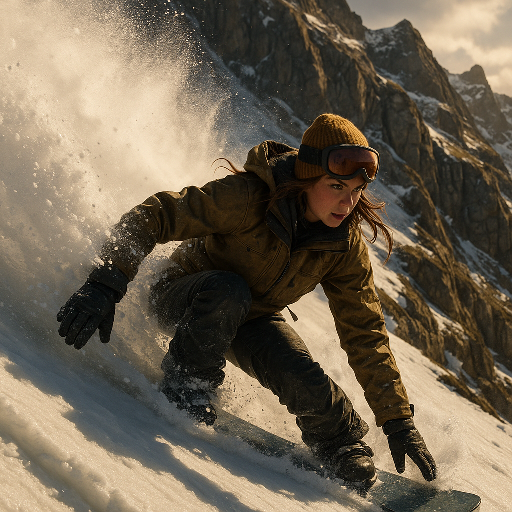 A girl snowboarding a steep mountain, one hand on the ground as she makes a sharp turn. Her board creates a massive curtain of snow splutter