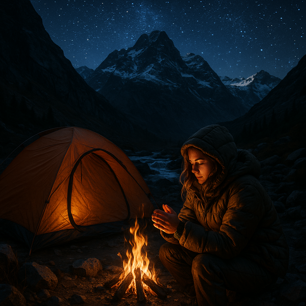 A girl in thick puffer winter jacket, warming herself up with a small fire, in front of her camping tent. Behind her is the great mountains, above unfolds a starry night sky