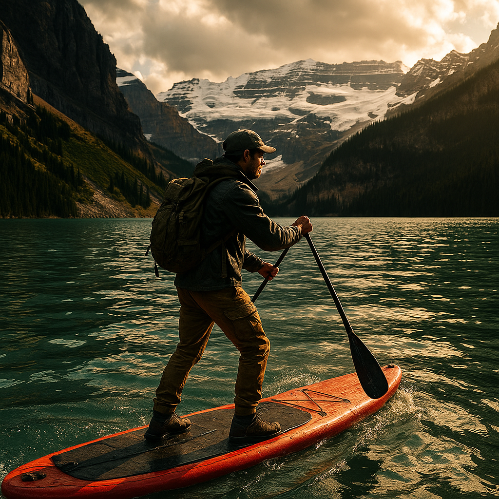 The man paddleboarding in the middle of the lake louise