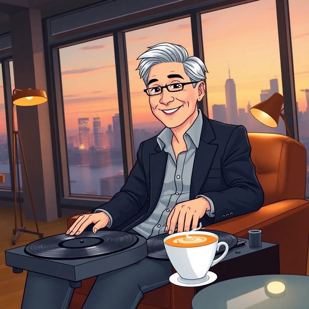 60-year-old Asian tech mogul with silver-streaked hair, wearing a tailored blazer and casual shirt, sitting in a leather armchair in a modern loft with large windows showing city skyline at dusk, placing a vinyl jazz record on a turntable, warm golden lig