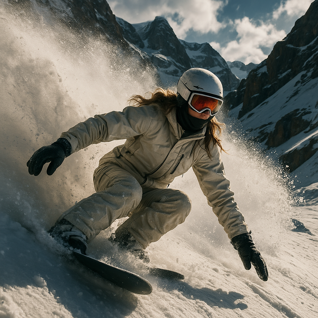 A girl wearing white ski outfits, goggles and a face cover, snowboarding a steep mountain, one hand on the ground as she makes a sharp turn. Her board creates a massive curtain of snow splutter