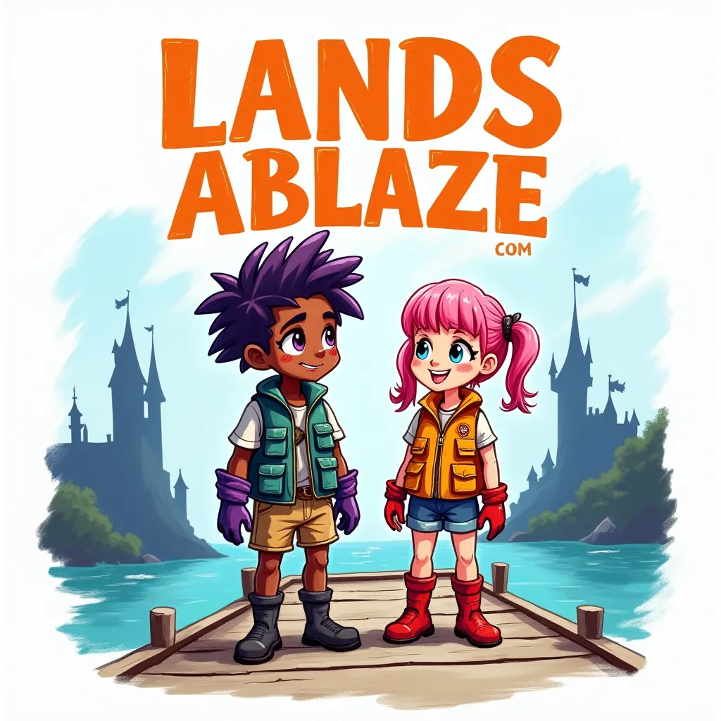 A book cover. Called LANDS ABLAZE in orange, looking like ink or paint, cartoonish style, with one light skinned girl on the right, pink hair, happy adventurous expression, wearing fishing gear (vest, shorts), red gloves and boots, and a dark-skinned boy 