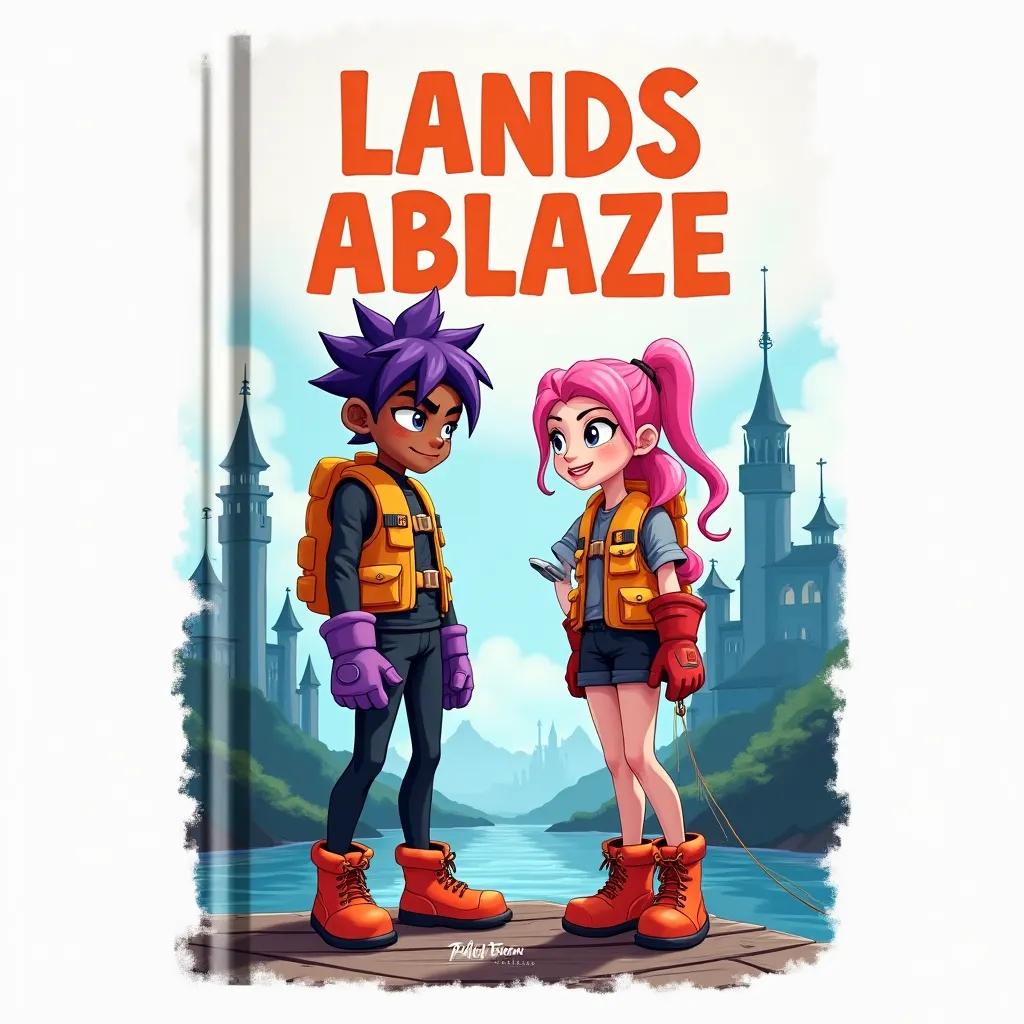A book cover. Called LANDS ABLAZE in orange, looking like ink or paint, cartoonish style, with one light skinned girl on the right, pink hair, happy adventurous expression, wearing fishing gear (vest, shorts), red gloves and boots, and a dark-skinned boy 