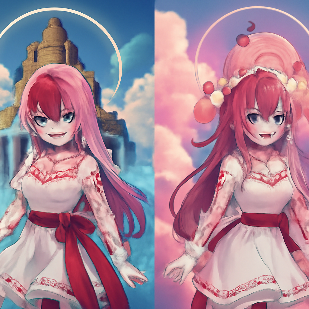Anime style. A vampire girl with pink hair, red bangs, a white braid, red beast eyes, a creepy smile, a gold chain with a robin bat, a white dress with red lace, red tattoos on both arms, white lace gloves, a long flowing red belt with a gold buckle, blac