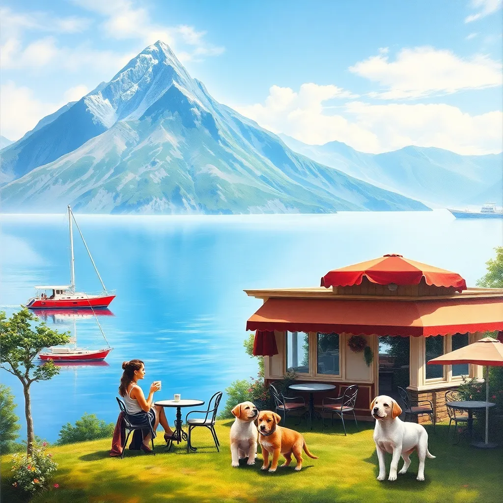 A realistic painting of a high mountain in the distance with a Melad-colored lake below it. On the lake, a red yacht is floating on a white background. On a hill near the lake, there is a beautiful cafe with several tables and parasols in front. A woman i