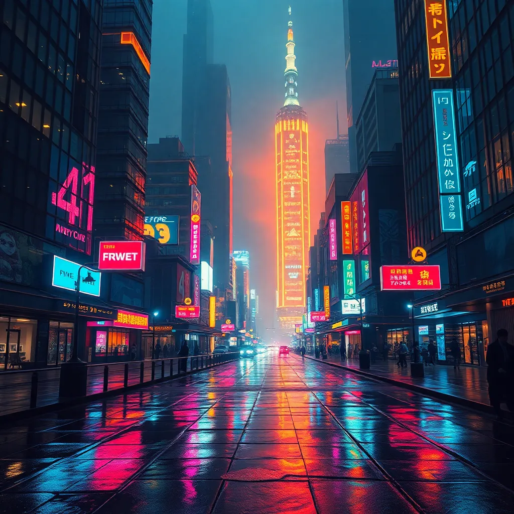 A photorealistic cyberpunk cityscape at night with vibrant neon lights reflecting on wet streets, showcasing futuristic skyscrapers, bustling urban atmosphere, and detailed reflections on the pavement.