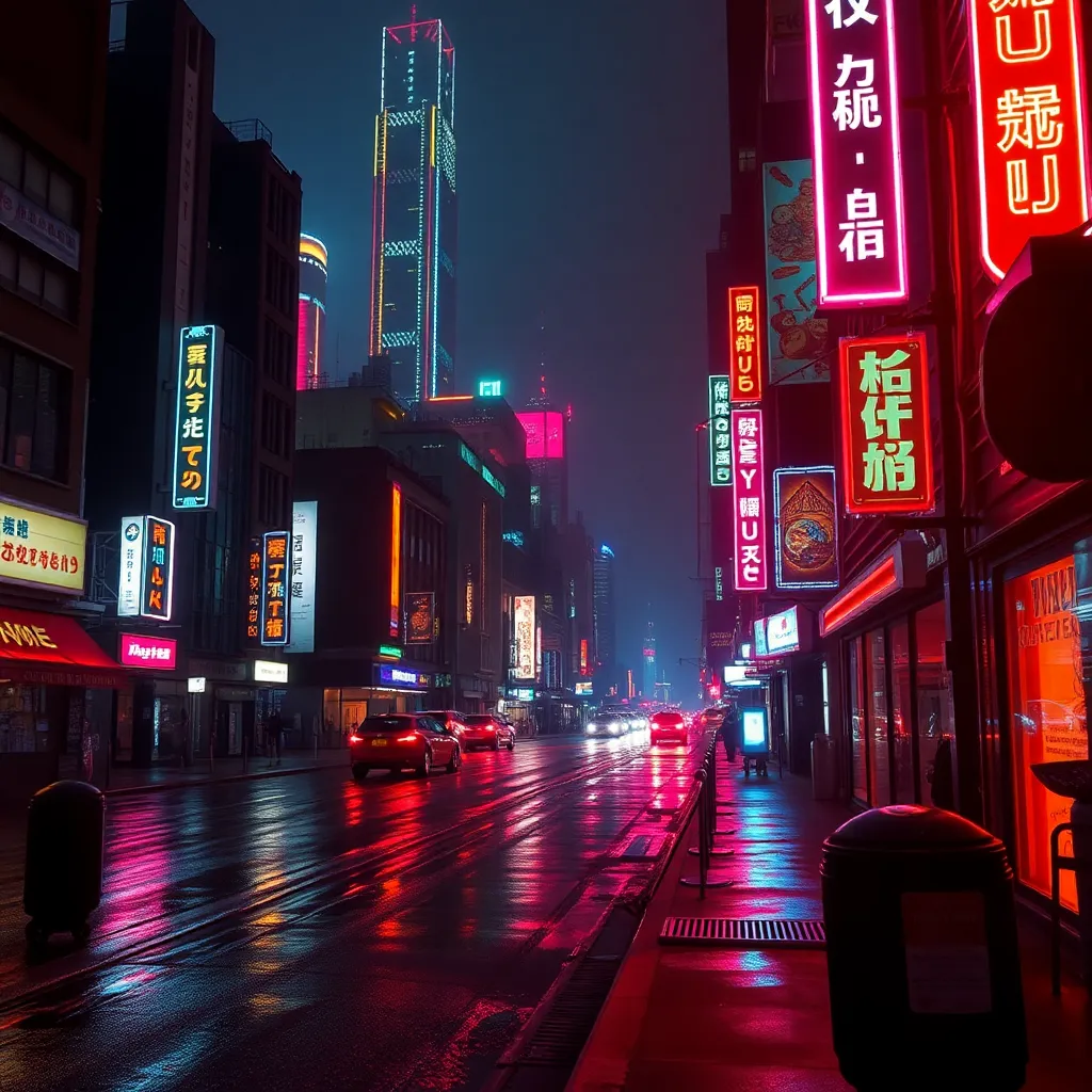 cyberpunk cityscape with neon lights reflecting on wet streets at night
