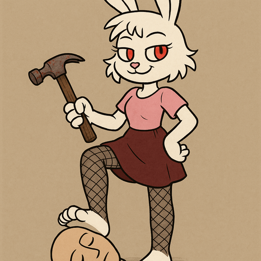 White furry bunny girl, tall, innocent smile yet condescending red eyes, pink blouse, dark red skirt, fishnet stockings, barefooted, stepping on a mannequin's head, sole on face, holding a realistically looking iron claw hammer with rust stains