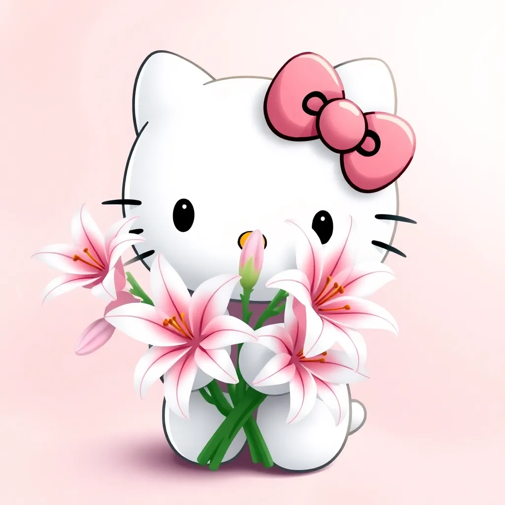 Hello Kitty holding a bouquet of white and pink lilies, surrounded by soft pastel colors, cute and charming cartoon style, kawaii aesthetic