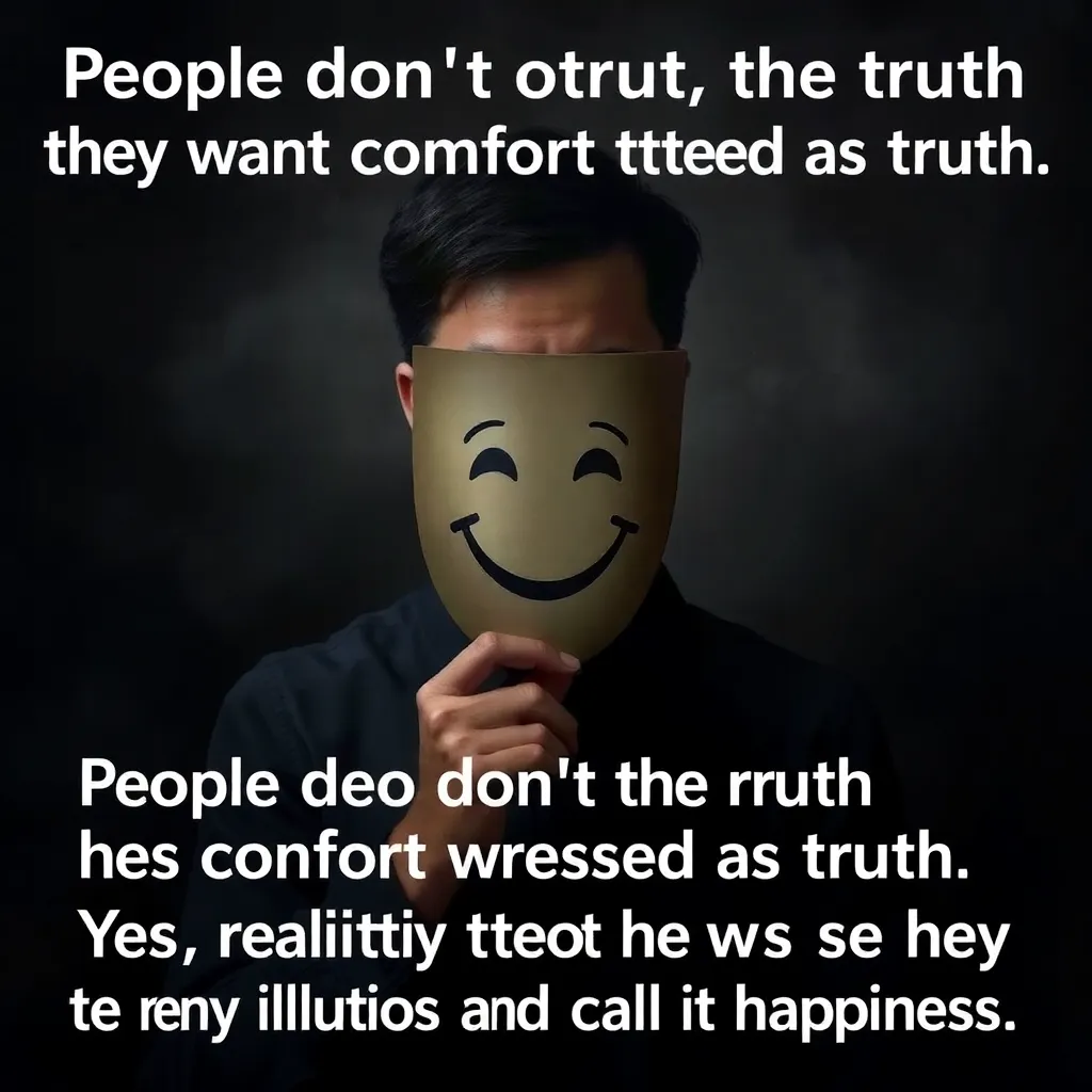 A realistic artistic image depicting the concept of people avoiding harsh truths and seeking comfort disguised as truth. The scene shows a person holding a mask of a smiling face in front of their own somber face, surrounded by shadows and darkness symbol