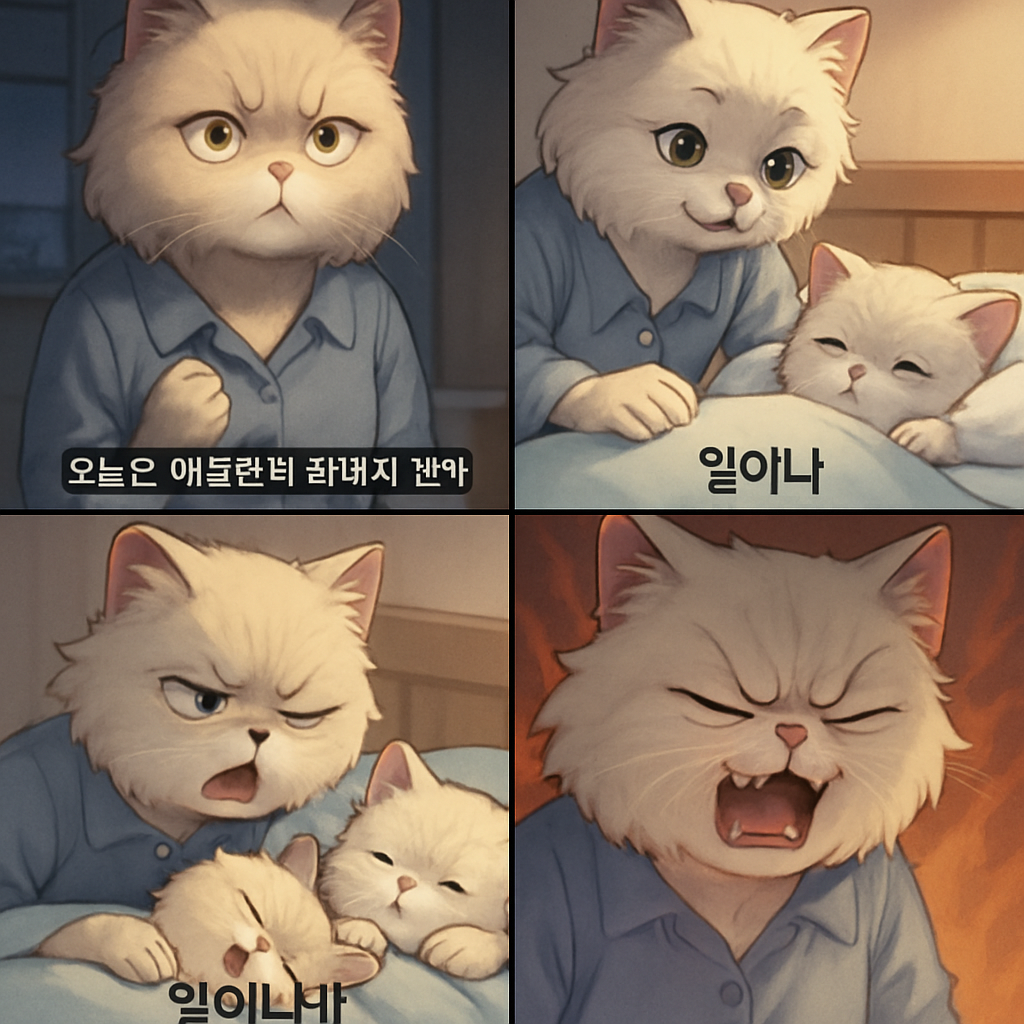한국어로 해주세요 1컷: 페르시안 워킹맘 고양이가 새벽에 일어나 허둥지둥 밥을 차리며 결심한다. "오늘은 아이들한테 화내지 말아야지" 2컷: 자고 있는 아기 고양이들에게 다가가 "일어나야지" 다정하게 깨운다. 3컷: 하지만 아기 고양이들은 일어나지 않는다. "일어나라고"!! 결국 화를 내며 폭발하고 만다.