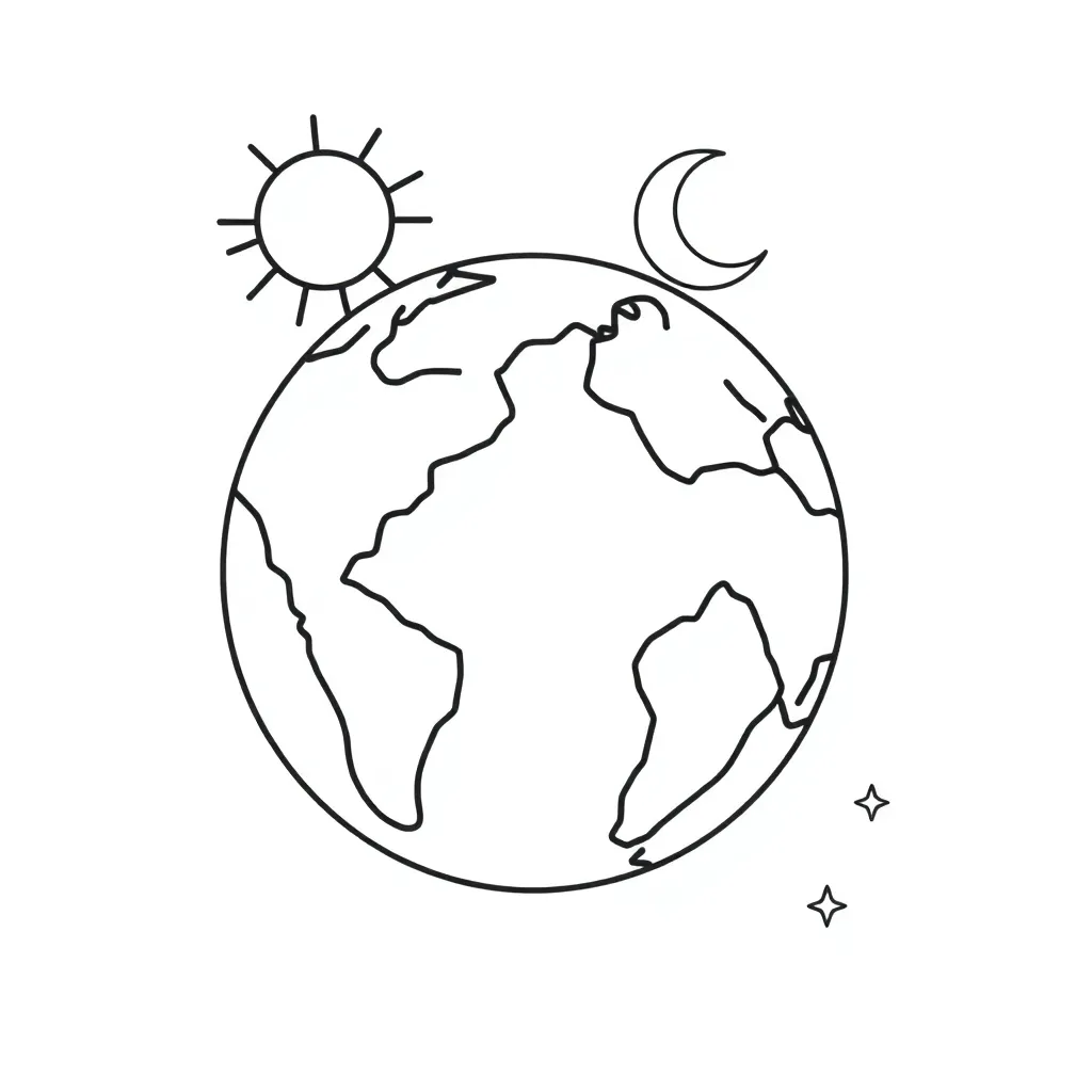 Simple line art coloring page showing the creation of the world: a large Earth circle with continents and water, a stylized sun with rays in the upper corner, a crescent moon opposite the sun, and several small stars scattered around the moon and sky area