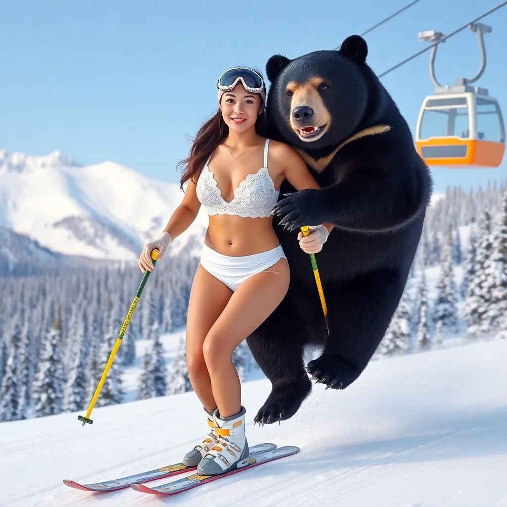 In a high-definition 9:16 live-action style, depict a young supermodel-style Asian female skier in her early 20s skiing down a snow-covered slope. She wears a white bikini top with thin straps and lace details, matching white bikini bottoms, gray and whit