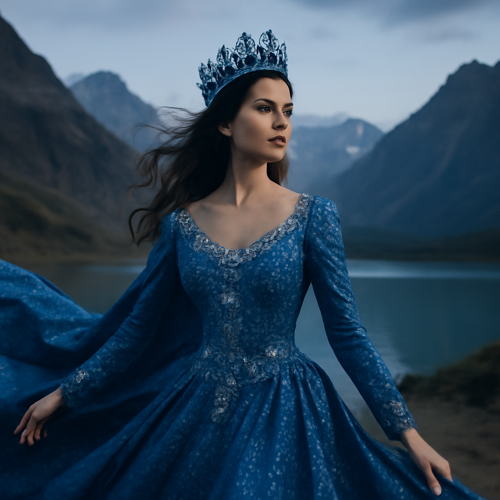 A regal queen, resplendent in a shimmering blue gown adorned with intricate gemstone embellishments, stands majestically against a breathtaking mountainous backdrop. Her crown, crafted with dazzling blue jewels, complements her ethereal appearance. Her ha