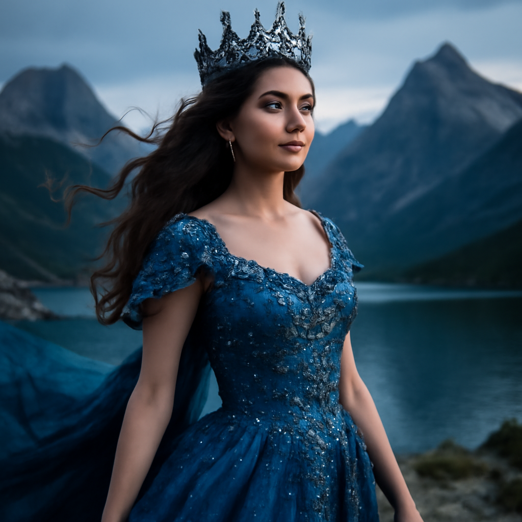 A regal queen, resplendent in a shimmering blue gown adorned with intricate gemstone embellishments, stands majestically against a breathtaking mountainous backdrop. Her crown, crafted with dazzling blue jewels, complements her ethereal appearance. Her ha