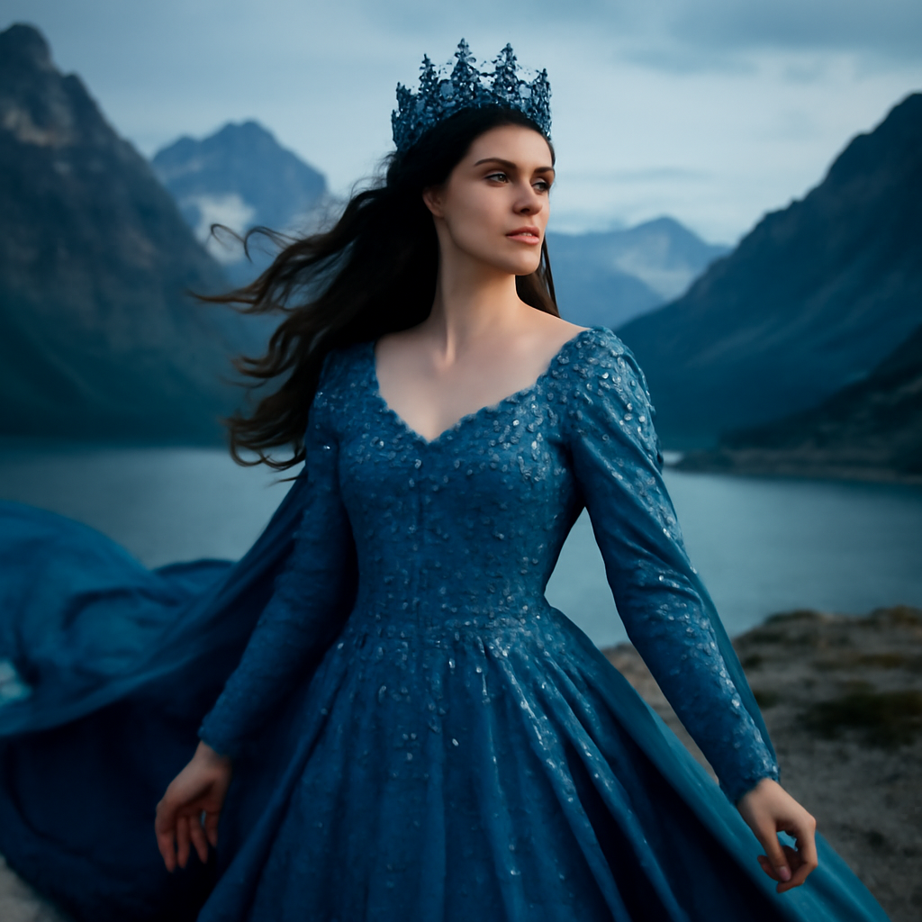 A regal queen, resplendent in a shimmering blue gown adorned with intricate gemstone embellishments, stands majestically against a breathtaking mountainous backdrop. Her crown, crafted with dazzling blue jewels, complements her ethereal appearance. Her ha