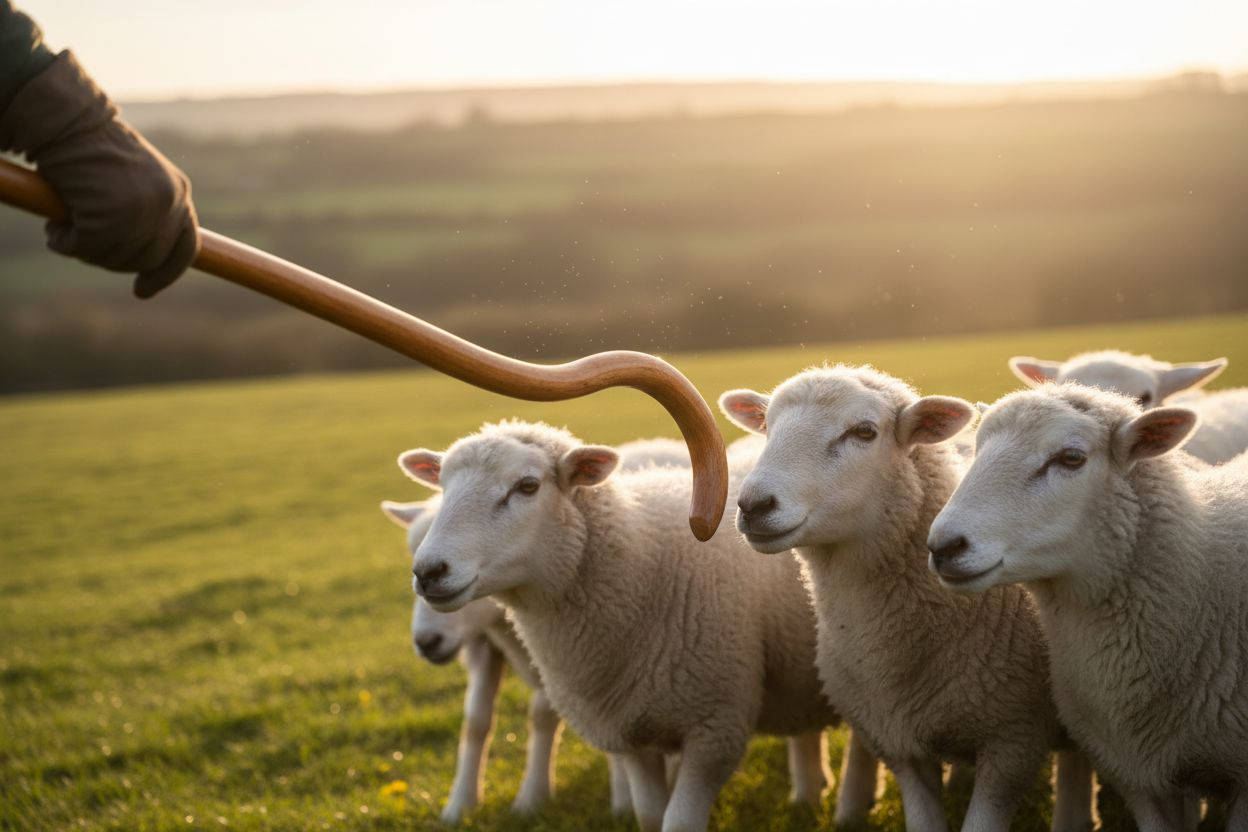 Wooden shepherd's staff gently guiding white sheep, close-up intimate shot, warm wooden texture, caring guidance concept, comforting and reassuring mood, soft focus background, trust and safety theme