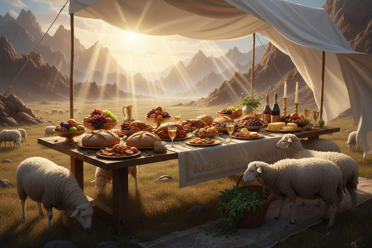 Abundant feast table set in beautiful outdoor setting, sheep beside table of provision, contrasting rocky wilderness in background, divine blessing and abundance theme, warm golden hour lighting, celebratory atmosphere