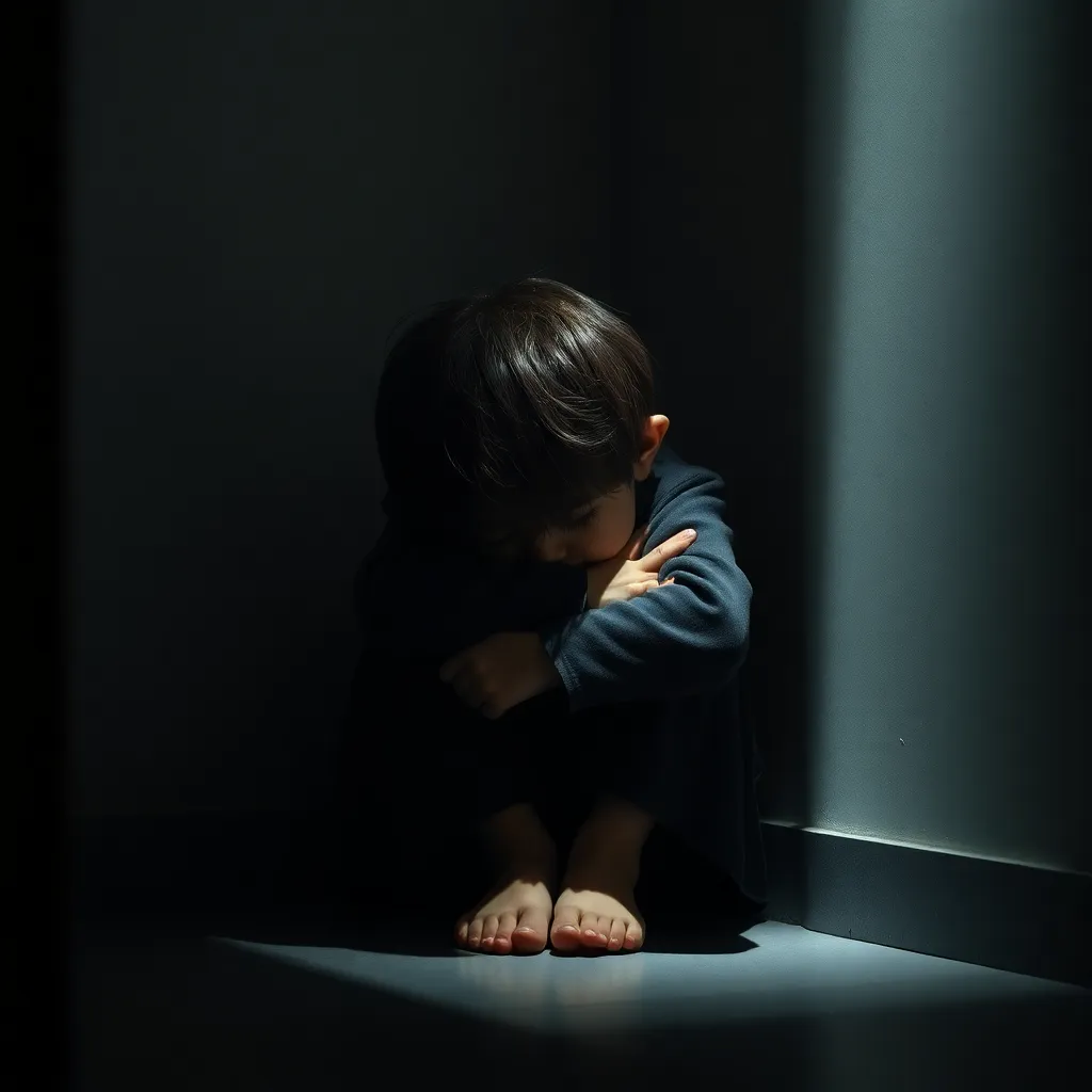 5세 이하 한국인 어린아이가 어두운 구석에서 혼자 웅크리고 무릎과 팔에 얼굴을 묻고 깊은 슬픔, 외로움, 절망을 표현하는 장면. 단일 광원이 강렬한 그림자를 드리우며 아이의 머리카락과 옷 가장자리만 강조. 시네마틱 사진, 감성적인 초상화, 포토리얼리스틱 스타일, 9:16 세로 비율.