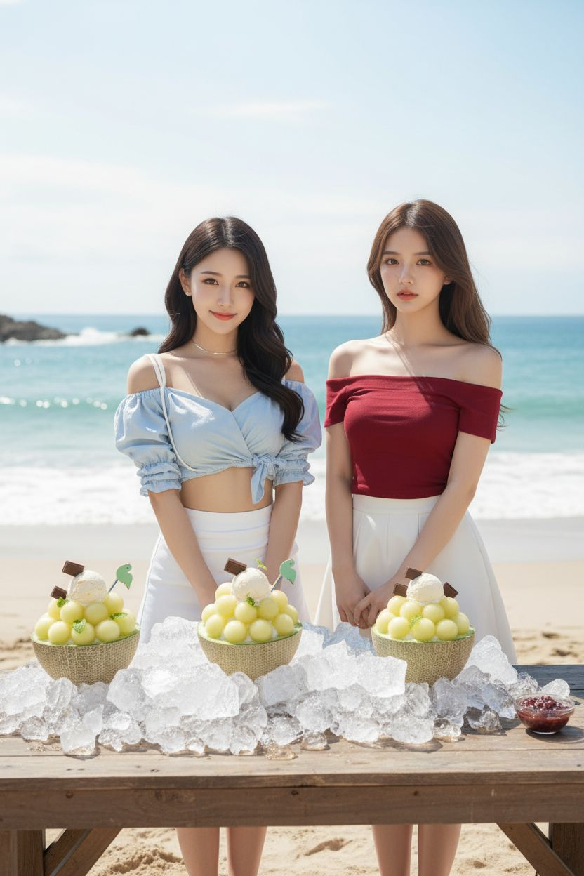 이 여성 들이 바닷가 배경에서 이 빙수가 놓여진 테이블 앞에 서있는 사진