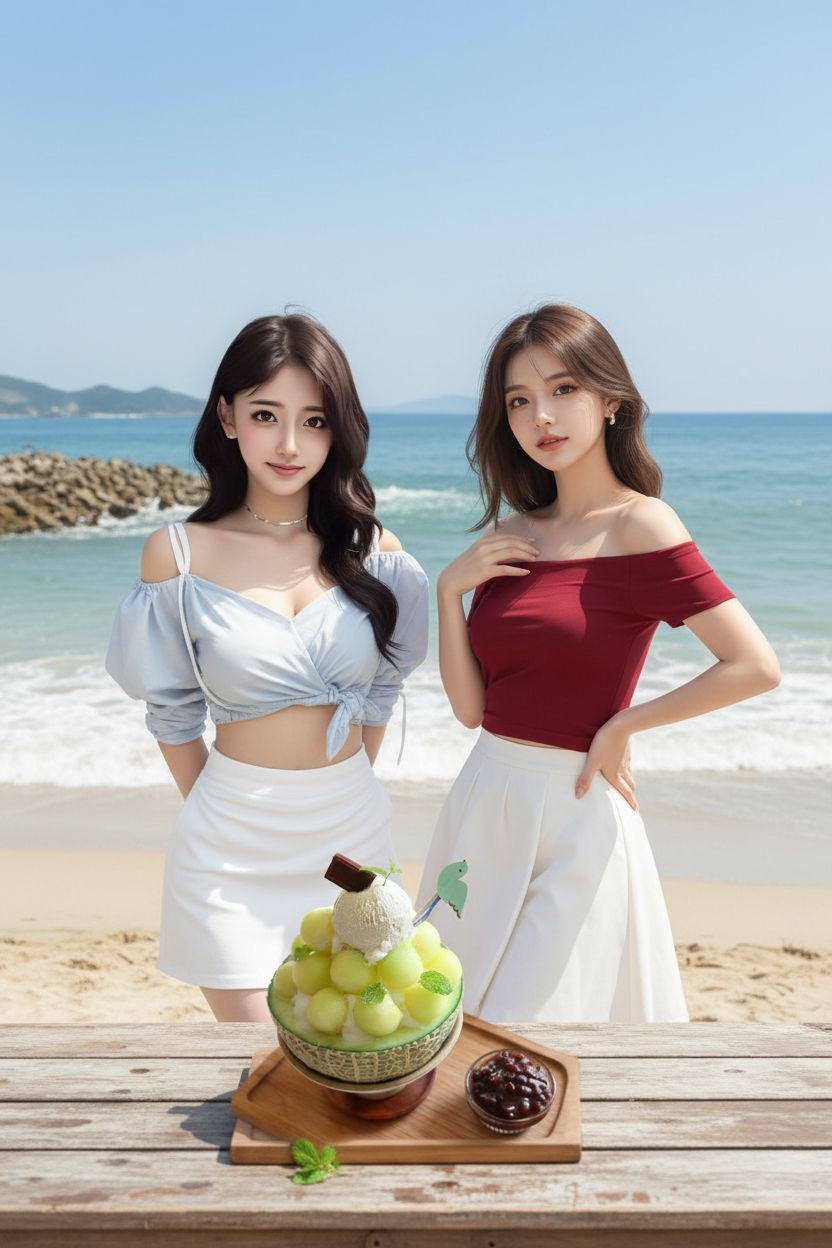 이 여성 들이 바닷가 배경에서 이 빙수하나가 놓여진 테이블 앞에 서있는 사진