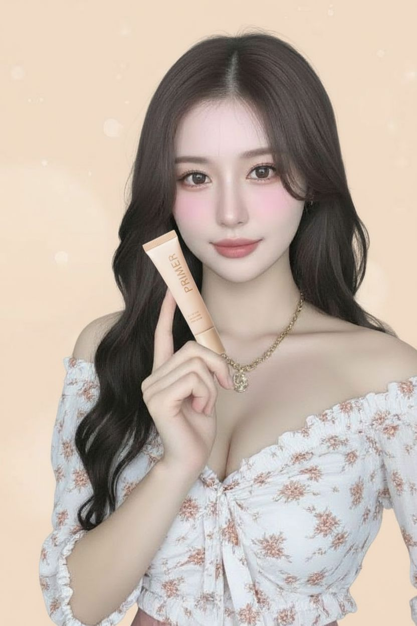 이 여성이 이 프라이머 화장품을 들고 있는 사진