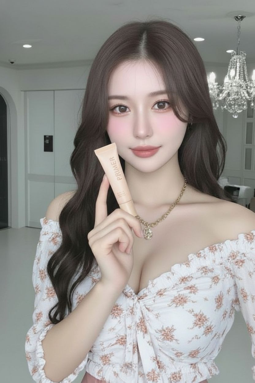 이 여성이 이 프라이머 화장품을 들고 있는 사진