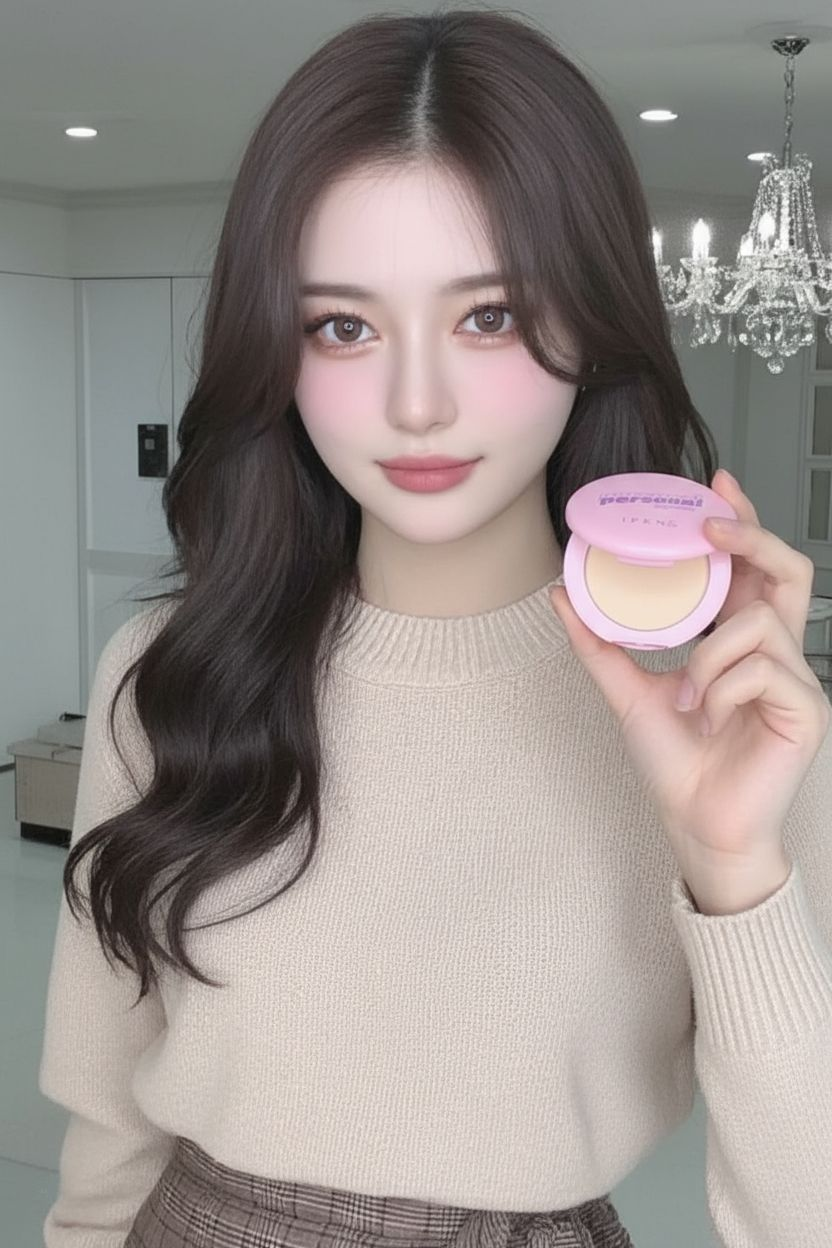 이 여성이 이 팩트 화장품을 들고 있는 사진