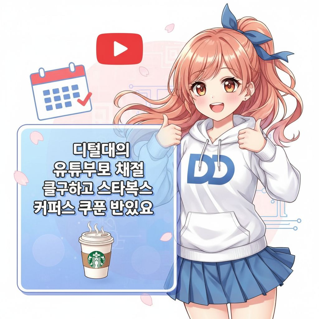캐릭터와 함께 , 한글로 다음을 표시 해줘 " 디지털데일리 유튜브 채널 구독하고 스타벅스 커피 쿠폰 받아가세요 "