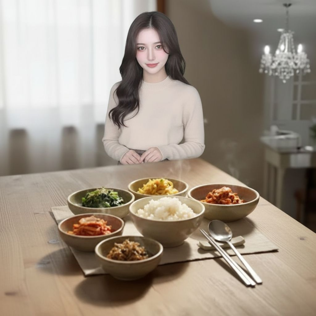 이 여성이 식탁 앞에 서있는 사진