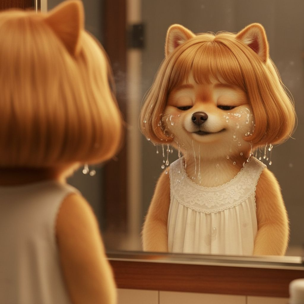 Podong stands in front of the bathroom mirror right after rinsing her face with water. Small water droplets sparkle on her cheeks, and her short bob haircut is wet but still clearly visible, slightly clinging to her face and neck. Her styled bob must rema