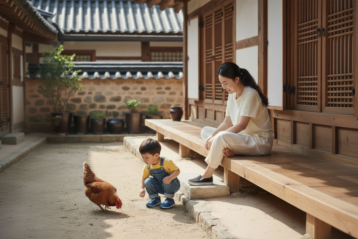 닭 한마리가 밝은 낮에 한국 집 마당에서 먹이를 주워먹고 있고 그 모습을 신발과 옷을 있는 4살 남자아이가 지켜보는 장면, 한국 30대 엄마는 긴머리를 하나로 묶었고 마루에 앉아 편한 신발과, 옷을 입고 남자아이와 닭을 보고 있다, 첫번째 사진을 두번째 16:9 사이즈에 맞춰 만들어줘