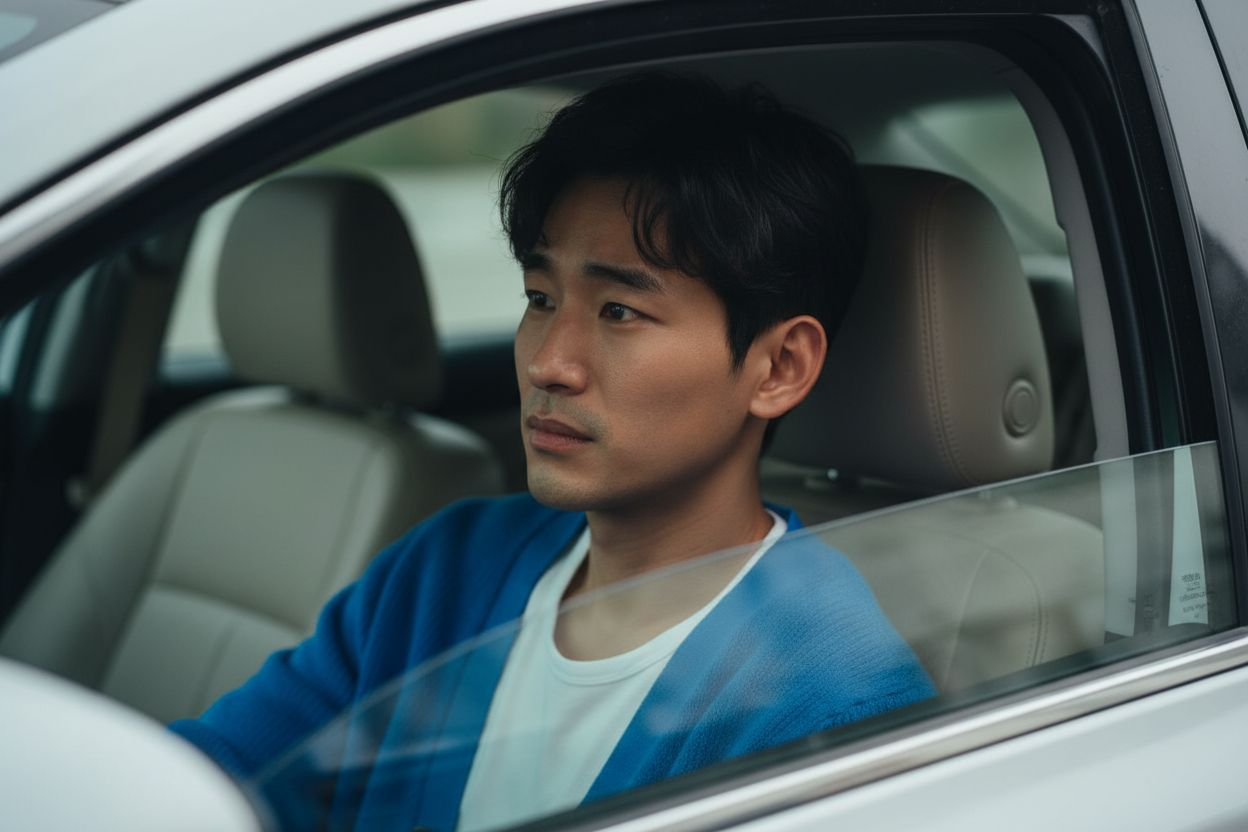 a Korean man in his 30s sitting inside a parked car, wearing a blue cardigan over a white dress shirt, slightly messy hair, looking thoughtful out the window, soft natural daylight entering through car windows, cinematic realism, moody atmosphere, subtle 