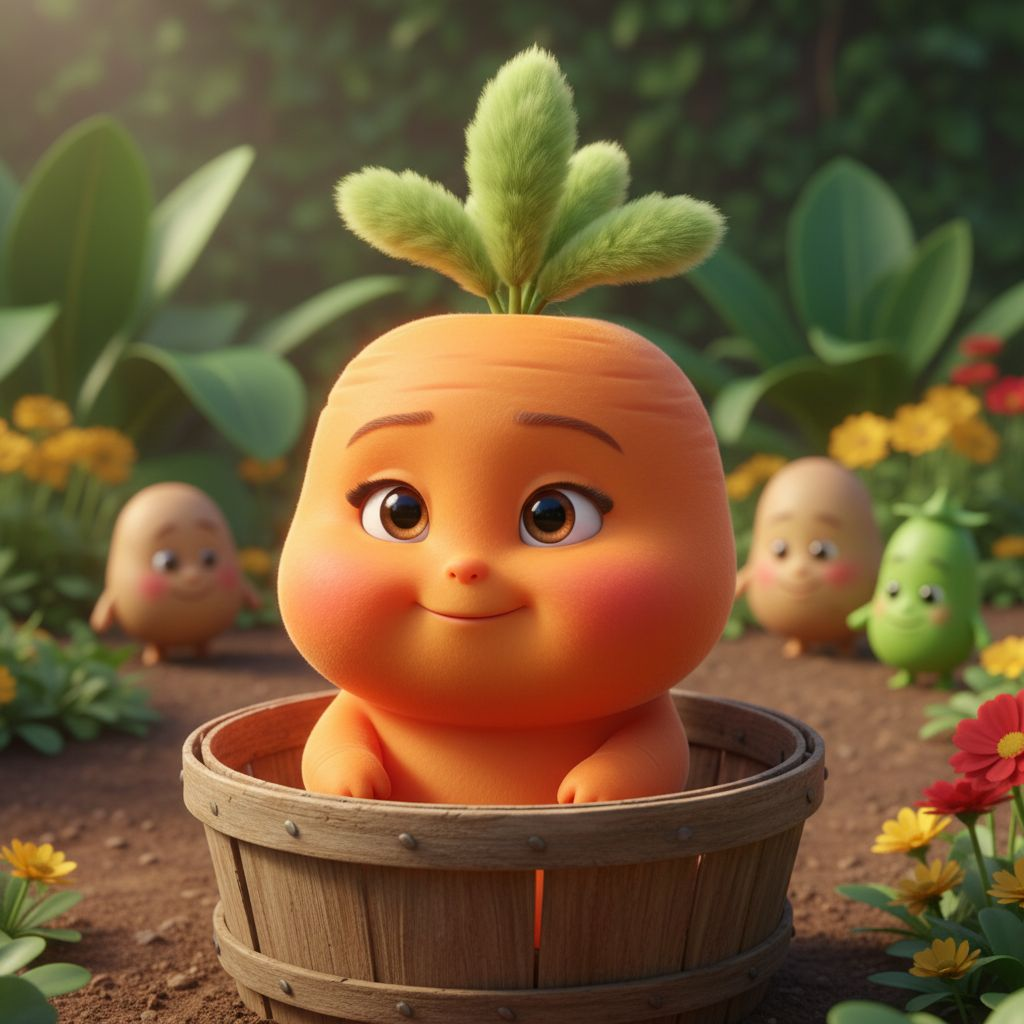 Ultra-cute baby vegetable character designed as a carrot.
Smooth orange skin with a matte finish and a small tuft of green leaves sprouting from its head.
Round cheeks, curious eyes, and a gentle smile.
Sitting in a rustic wooden basket or garden backgrou